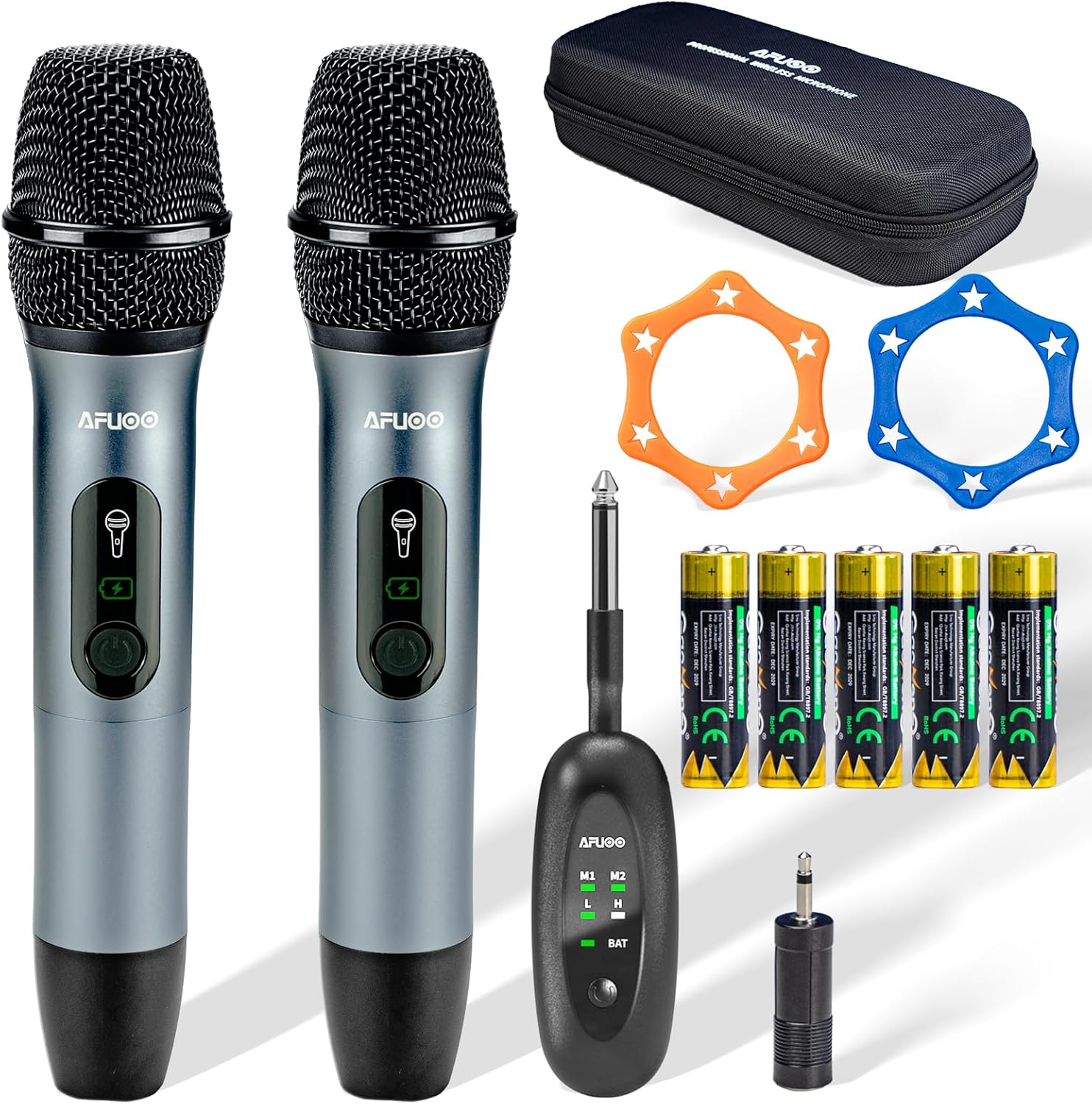 Wireless Microphone Set for Singing, Speeches & Events, 2.4GHz Dual-Mic Receiver, 200ft, Storage Bag Included, Metal Cordless Mic 2 Pack for Karaoke Machines, PA Systems, PartyBox, Gray-Blue