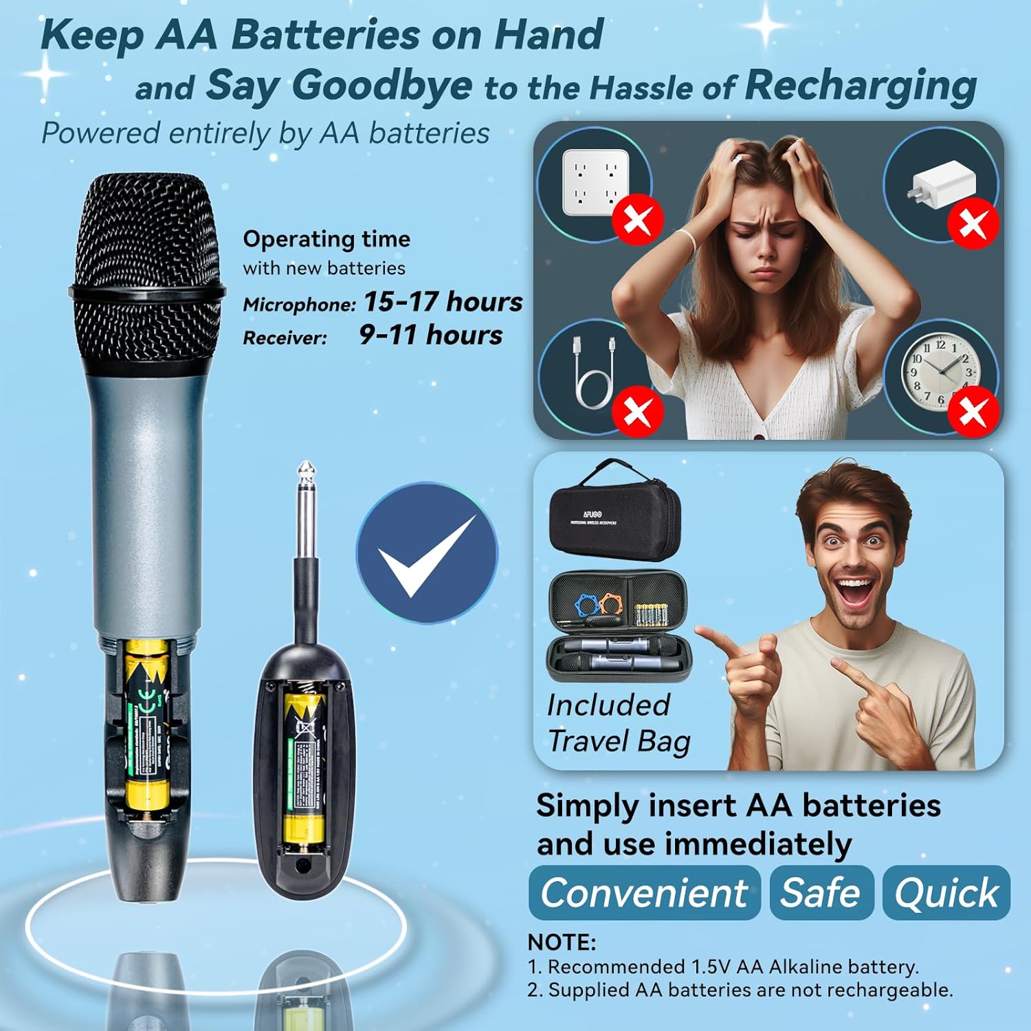 Wireless Microphone Set for Singing, Speeches & Events, 2.4GHz Dual-Mic Receiver, 200ft, Storage Bag Included, Metal Cordless Mic 2 Pack for Karaoke Machines, PA Systems, PartyBox, Gray-Blue - Image 2