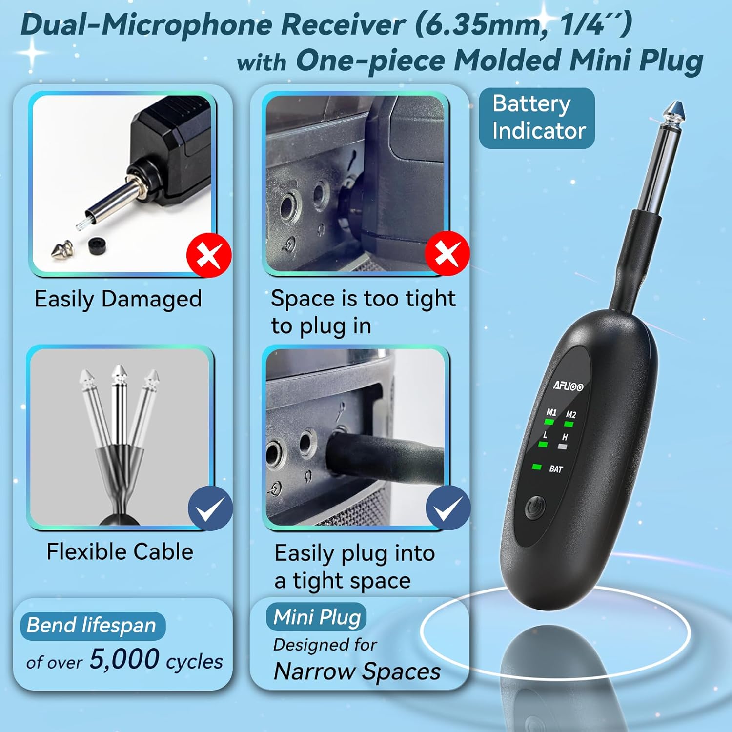 Wireless Microphone Set for Singing, Speeches & Events, 2.4GHz Dual-Mic Receiver, 200ft, Storage Bag Included, Metal Cordless Mic 2 Pack for Karaoke Machines, PA Systems, PartyBox, Gray-Blue - Image 4