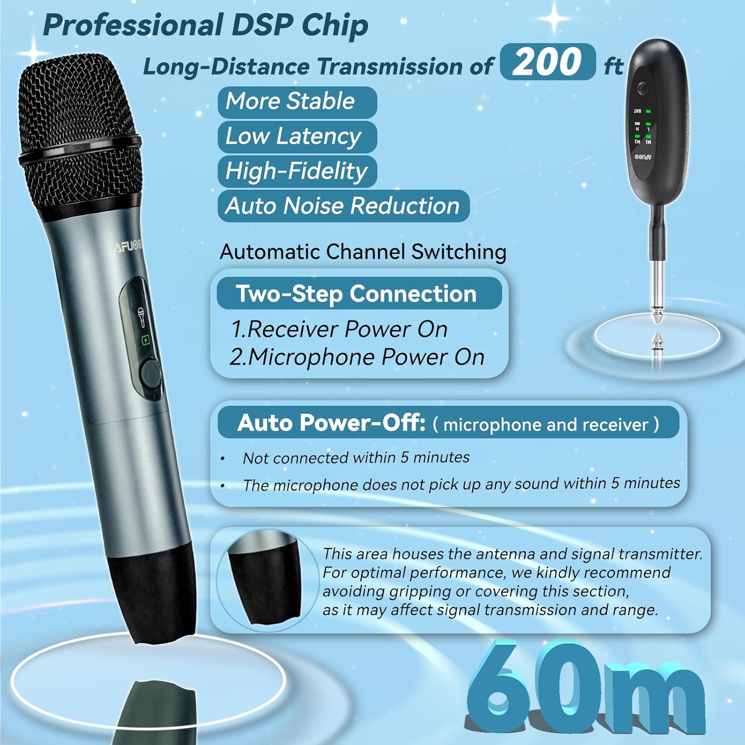 Wireless Microphone Set for Singing, Speeches & Events, 2.4GHz Dual-Mic Receiver, 200ft, Storage Bag Included, Metal Cordless Mic 2 Pack for Karaoke Machines, PA Systems, PartyBox, Gray-Blue - Image 5